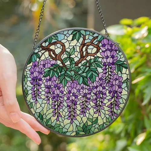 Art Lovers' Intricate Tiffany Stained Glass Wisteria Bloom Jewel Tone Floral Mosaic Stained Glass Suncatcher
