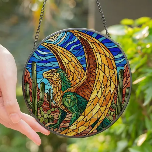 Fantasy Art Lovers' Vibrant Tiffany Stained Glass Dragon Mosaic Desert Art with Jewel Tones Stained Glass Suncatcher