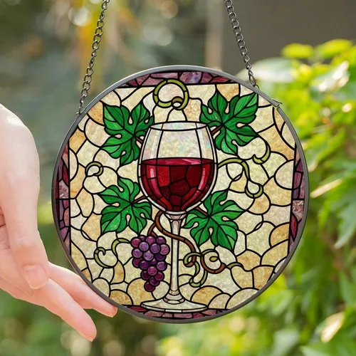 Wine Lovers' Stained Glass Tiffany Style Wine Glass & Grapes Vineyard Mosaic Crimson Red Emerald Green Amethyst Jewel Tones Stained Glass Suncatcher