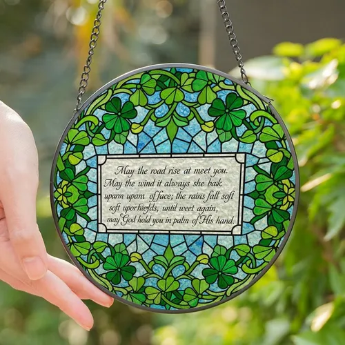 Irish Culture Admirers' Vibrant Tiffany Stained Glass Irish Blessing, Shamrock Garland Mosaic Stained Glass Suncatcher