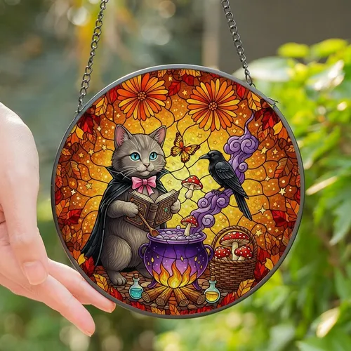 Mystical Cat Lovers' Tiffany Stained Glass Cauldron Kitten Autumn Jewel Tone Magic Art Stained Glass Suncatcher