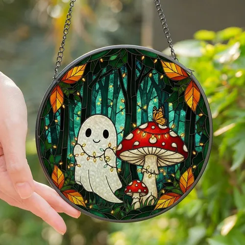 Whimsical Art Lovers' Jewel Tone Stained Glass Ghost Fairy Lights Toadstool Forest Design Stained Glass Suncatcher