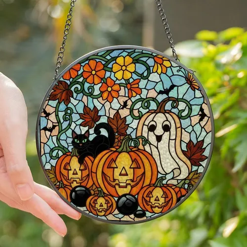 Halloween Lovers' Tiffany Style Stained Glass Whimsical Pumpkins Gourds Mosaic Teal Orange Black Stained Glass Suncatcher