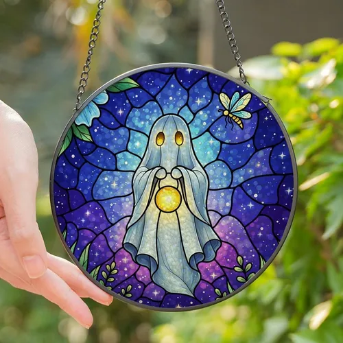 Fantasy Art Enthusiasts' Ethereal Glowing Ghost Lantern Tiffany Stained Glass Celestial Mosaic Blue Purple Green Stained Glass Suncatcher