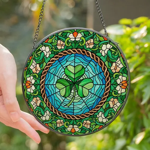 Stained Glass Art Lovers' Vibrant Tiffany Style Shamrock, Emerald Green & Sapphire Blue Floral Mosaic Design Stained Glass Suncatcher