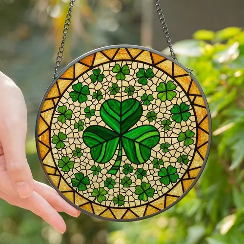 Irish Heritage Lovers' Emerald & Amber Tiffany Style Shamrock Clover Mosaic with Heart Leaves Stained Glass Suncatcher