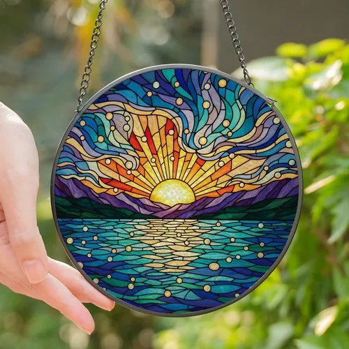 Art Enthusiasts' Glowing Stained Glass Sunset Mosaic, Teal Blue Orange Purple Mountainscape Stained Glass Suncatcher