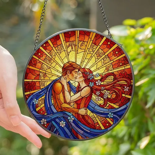 Art Nouveau Enthusiasts' Vibrant Tiffany Style Embracing Couple Sunburst Mosaic Jewel Tones Stained Glass Suncatcher