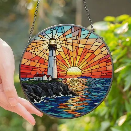 Coastal Art Lover's Vibrant Tiffany Stained Glass Lighthouse Ocean Sunset Mosaic Stained Glass Suncatcher
