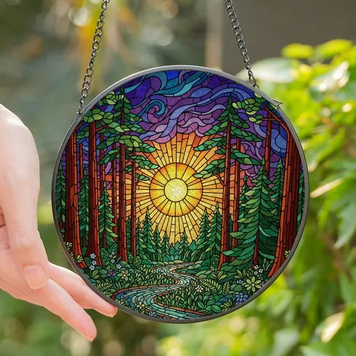 Nature Art Lovers' Radiant Yellow-Orange Sun Stained Glass Redwood Forest Mosaic with Jewel Tones Stained Glass Suncatcher