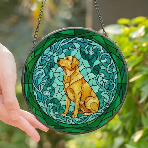 Dog Lovers' Intricate Stained Glass Golden Labrador Crescent Moon Teal & Gold Botanical Mosaic Stained Glass Suncatcher