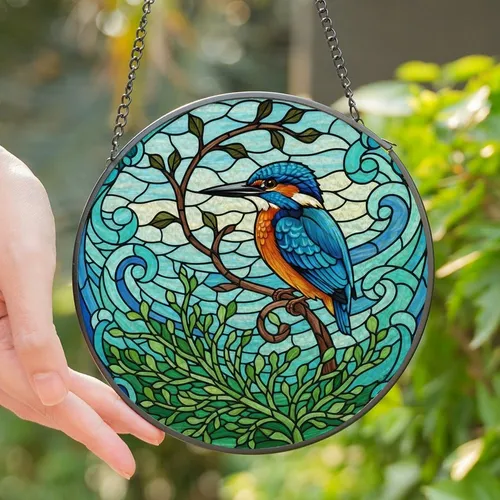 Nature Lovers' Tiffany Style Stained Glass Kingfisher Mosaic Vibrant Aqua Blue Orange Emerald Green Design Stained Glass Suncatcher