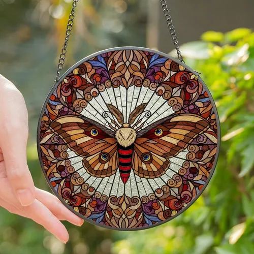 Art Lovers' Majestic Moth Tiffany Style Stained Glass Art, Radiant Red Brown Purple Amber Mosaic Stained Glass Suncatcher