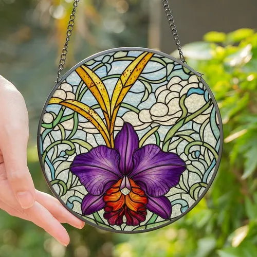 Floral Art Enthusiasts' Tiffany Glass Style Purple Orchid Orange Labellum Botanical Mosaic Stained Glass Suncatcher