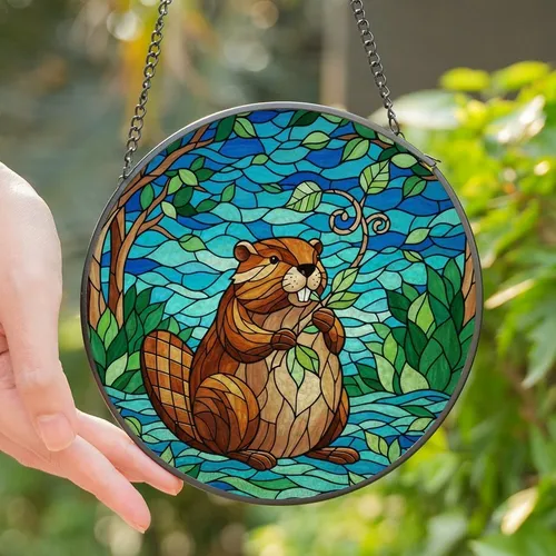 Nature Lovers' Tiffany Stained Glass Beaver Woodland Mosaic Rich Browns Amber Greens Stained Glass Suncatcher