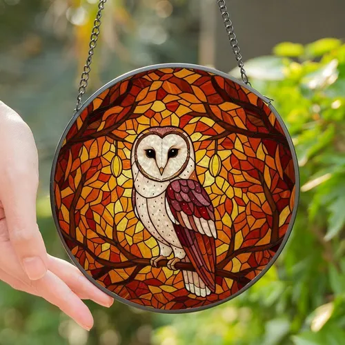 Wildlife Art Lovers' Jewel Tone Stained Glass Barn Owl Pink Wing Autumnal Forest Mosaic Stained Glass Suncatcher
