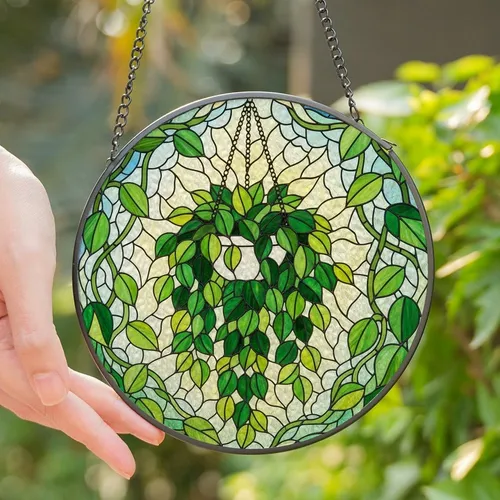 Plant Lovers' Vibrant Stained Glass Cascading Houseplant Design, Tiffany Style Jewel Tones Green Blue Yellow Stained Glass Suncatcher