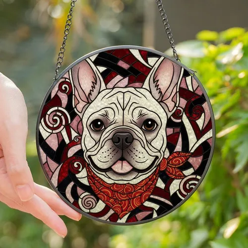 French Bulldog Lovers' Vibrant Stained Glass French Bulldog Head Geometric Mosaic Jewel Tones Stained Glass Suncatcher