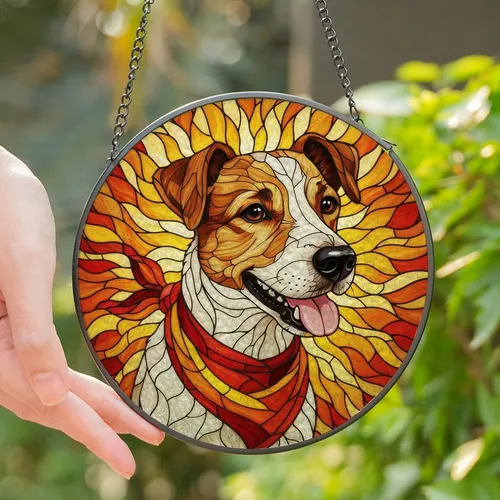Dog Lovers' Tiffany Glass Jack Russell Terrier Red Orange Yellow Bandana Intricate Mosaic Stained Glass Suncatcher