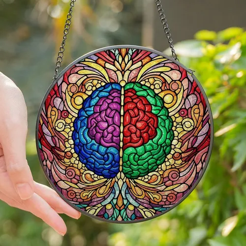 Art & Science Enthusiasts' Luminous Tiffany Stained Glass Brain Pink Blue Green Gold Purple Mosaic Art Stained Glass Suncatcher
