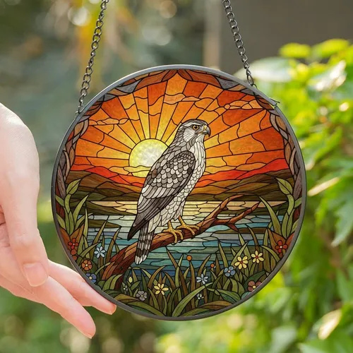Nature Lovers' High-Res Stained Glass Hawk Sunset Jewel Tone Landscape Stained Glass Suncatcher