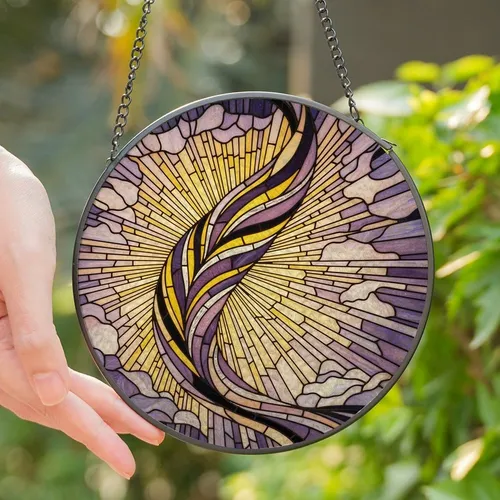 Art Lovers' Ethereal Stained Glass Feather Abstract Mosaic Yellow Lavender Dark Purple Jewel Tone Stained Glass Suncatcher