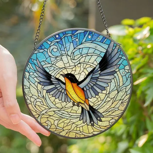 Nature Lovers' Vibrant Tiffany Stained Glass Songbird Orange Black Blue-Grey Mosaic Dappled Sky Stained Glass Suncatcher