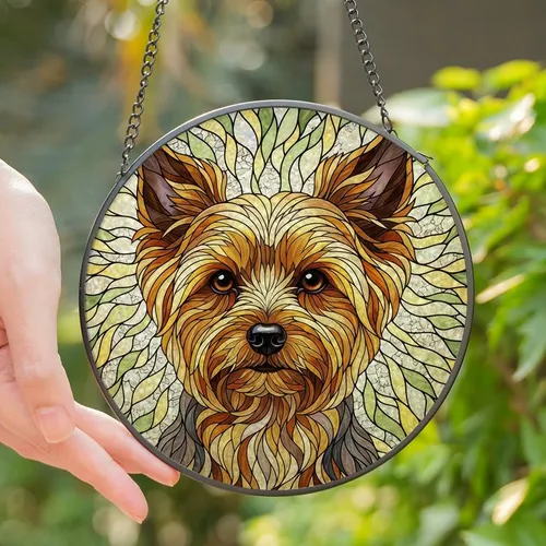 Yorkie Lovers' Intricate Stained Glass Yorkshire Terrier Mosaic Golden Yellow Green Lavender Stained Glass Suncatcher