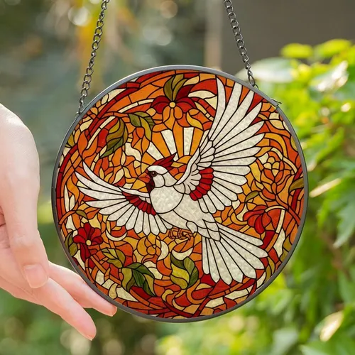 Nature Lovers' Intricate Tiffany Stained Glass White Cardinal Flight Floral Mosaic Red Orange Cream Stained Glass Suncatcher