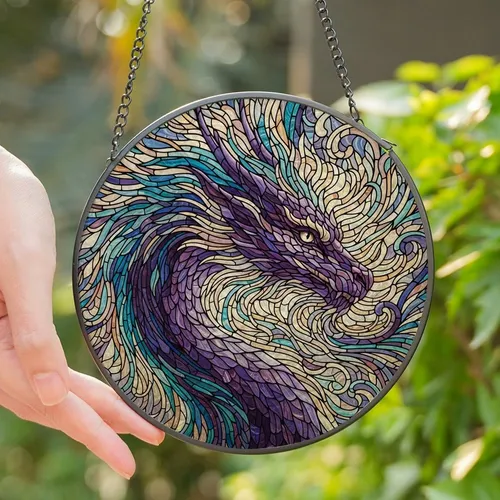 Fantasy Lovers' Majestic Dragon Head Tiffany Stained Glass Art, Intricate Violet Teal Blue Lavender Beige Jewel Tones with Swirling Patterns Stained Glass Suncatcher
