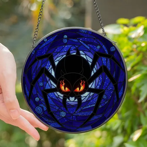 Gothic Art Admirers' Menacing Spider Stained Glass Jewel Tone Black Fiery Orange Royal Purple Mosaic Night Sky Stained Glass Suncatcher