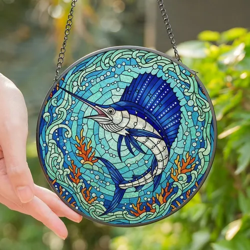 Ocean Lovers' Vibrant Tiffany Style Stained Glass Sailfish Ocean Mosaic Royal Blue Aquamarine Coral Art Stained Glass Suncatcher
