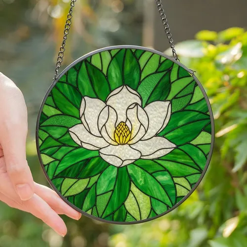 Nature Lovers' Tiffany Stained Glass White Magnolia Emerald Green Botanical Mosaic Stained Glass Suncatcher