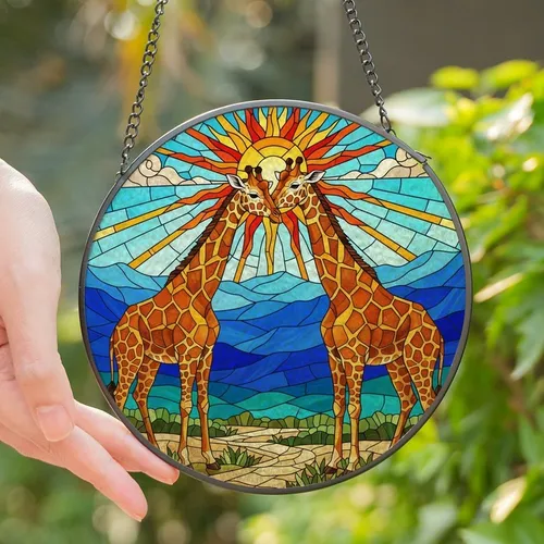 Wildlife Art Enthusiasts' Tiffany Style Stained Glass Giraffe Nuzzle Landscape Blue Orange Stained Glass Suncatcher