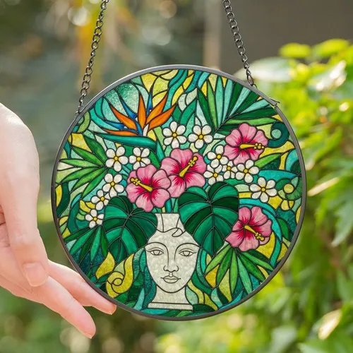 Art Lovers' Vibrant Tiffany Stained Glass Tropical Floral Vase Art with Emerald Green, Aqua, Pink, Orange Tones Stained Glass Suncatcher