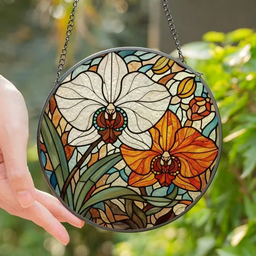 Nature Lovers' Vibrant Stained Glass Orchid Floral Mosaic Jewel Tones Amber Orange Teal Stained Glass Suncatcher