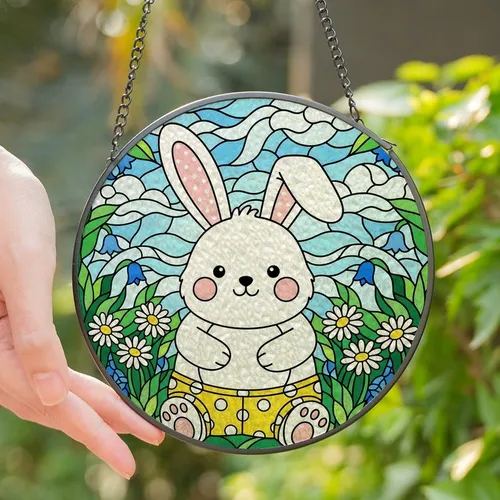 Animal Lovers' Whimsical Stained Glass White Bunny, Yellow Shorts, Pink Polka Dots, Green Floral Mosaic Stained Glass Suncatcher