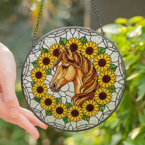 Horse Lover's Majestic Golden Horse Head Emerald Stained Glass Sunflower Mosaic Stained Glass Suncatcher