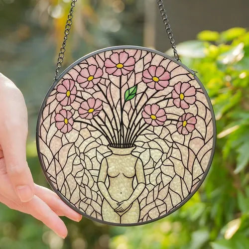 Women's Tiffany Style Stained Glass Torso Vase, Pink Yellow Cosmos Flowers & Green Leaf Foliage Mosaic Stained Glass Suncatcher