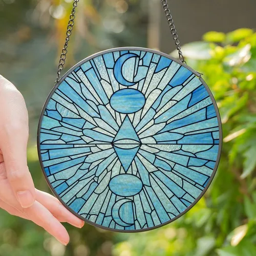 Art Lovers' Tiffany Stained Glass Celestial Moon Sacred Geometry Azure Aquamarine Blue Shimmering Sky Mosaic Stained Glass Suncatcher