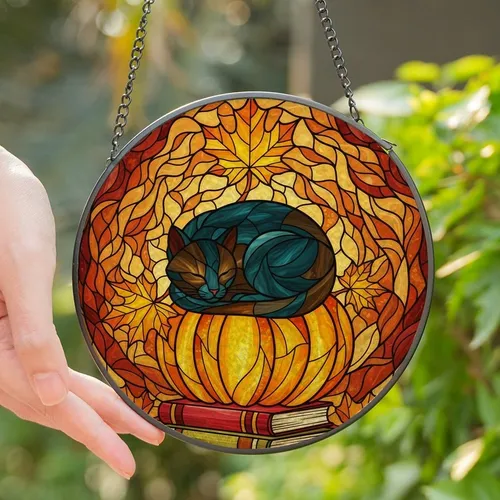 Cat Lovers' Amber Teal Stained Glass Feline Pumpkin Book Leaf Mosaic Stained Glass Suncatcher