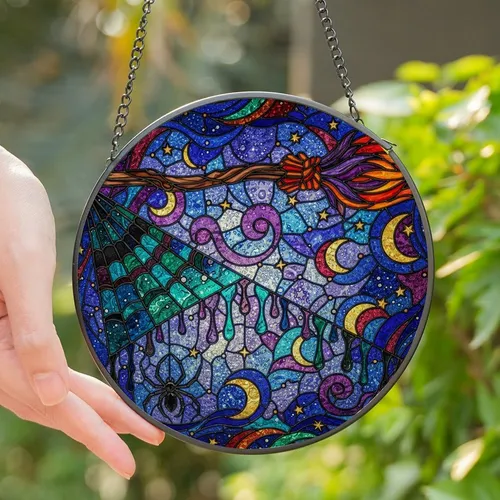 Mystical Art Lovers' Tiffany Stained Glass Broomstick Spiderweb Celestial Purple Green Orange Stained Glass Suncatcher
