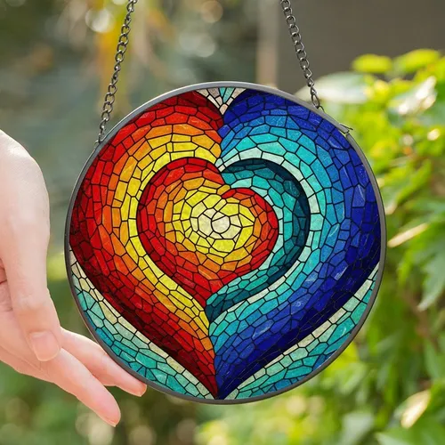 Art Lovers' Glowing Tiffany Glass Heart Mosaic Swirl Yellow Orange Red Teal Indigo Stained Glass Suncatcher