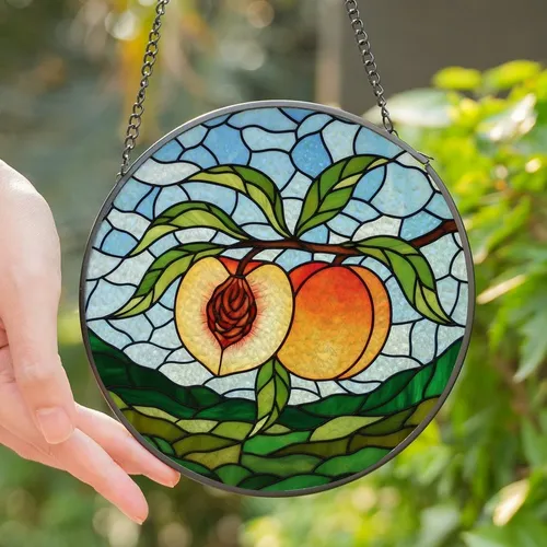 Art Lovers' Tiffany Style Stained Glass Peach Orange Green Vibrant Jewel Tone Botanical Mosaic Stained Glass Suncatcher