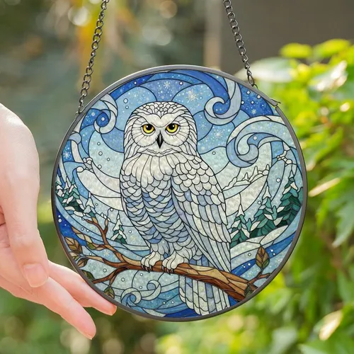 Nature Lovers' Majestic Snowy Owl Tiffany Stained Glass Winter Frost Jewel Tones Stained Glass Suncatcher