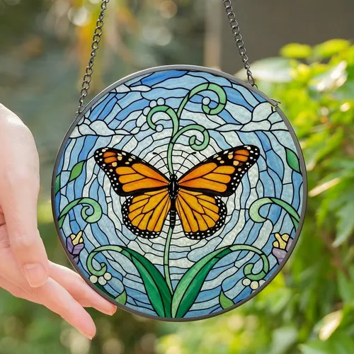 Nature Lovers' Vibrant Tiffany Glass Monarch Butterfly Orange Black Jewel Tones Sky Blue Emerald Green Floral Mosaic Stained Glass Suncatcher