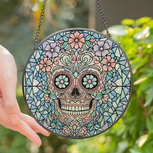 Intricate Design Enthusiasts' Stained Glass Sugar Skull Floral Wreath Pastel Jewel Tone Mosaic Stained Glass Suncatcher