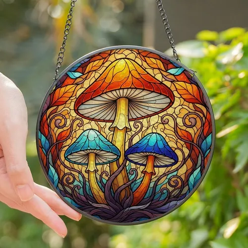 Nature Lovers' Vibrant Tiffany Stained Glass Mushroom Mosaic, Intricate Orange Yellow Teal Blue Purple Fantasy Forest Art Stained Glass Suncatcher