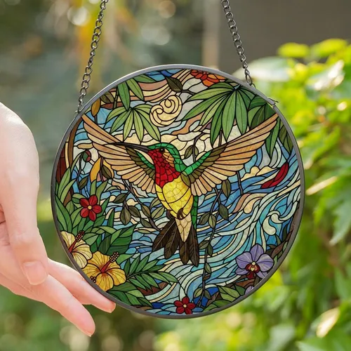 Nature Lovers' Intricate Tiffany Stained Glass Hummingbird Ruby Emerald Tropical Foliage Stained Glass Suncatcher
