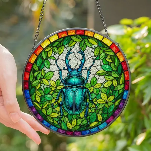 Nature Lovers' Detailed Tiffany Stained Glass Iridescent Rhinoceros Beetle Emerald Green Foliage Rainbow Border Stained Glass Suncatcher